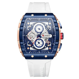 Sports Watches Unique Rectangular - Casual Quartz Silicone with blue dial and white silicone band.