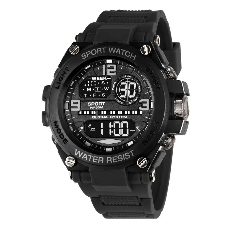 Mens Digital Sport Watch – Waterproof Electronic Stopwatch with black band and multifunctional display features.