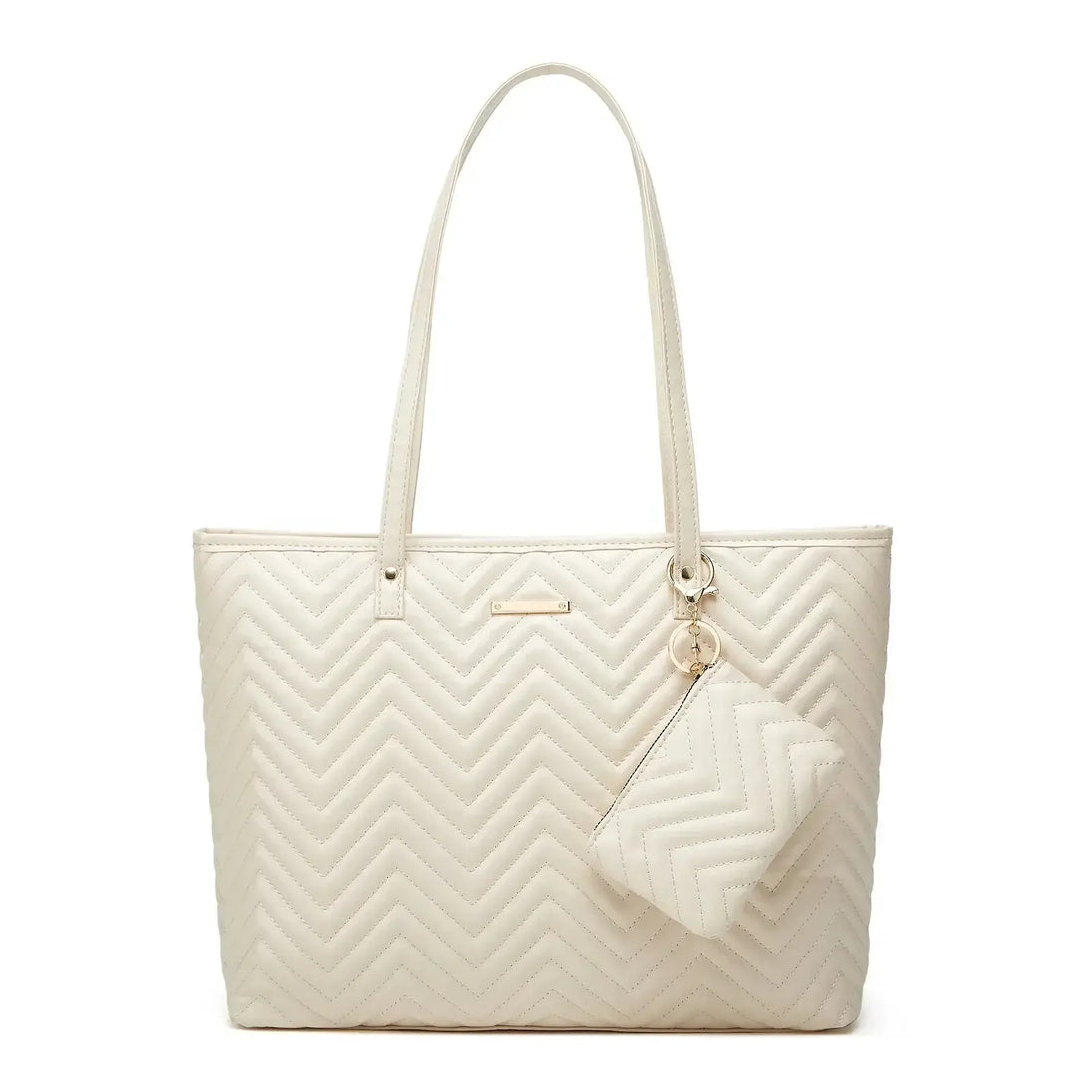 Tote Bag Soft & Versatile Two Piece Set in cream with quilted design and detachable pouch, perfect for daily use.