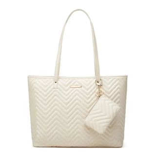 Tote Bag Soft & Versatile Two Piece Set in cream with quilted design and detachable pouch, perfect for daily use.