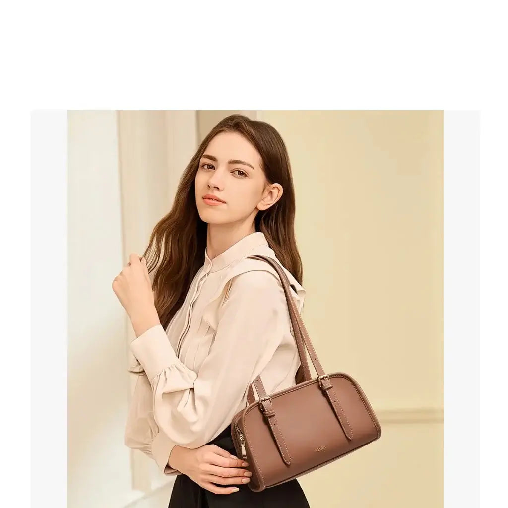 Woman modeling a Classic Shoulder Bag in a stylish outfit, showcasing the elegant design and functionality.