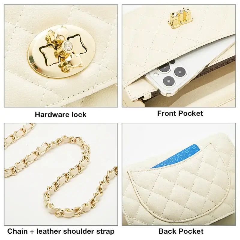 Crossbody Bag with gold chain featuring a hardware lock, front pocket, and chain leather shoulder strap.