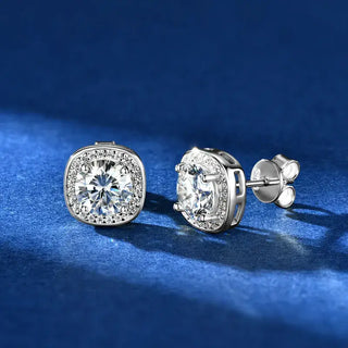 Moissanite Square Halo Earring showcasing sparkling stones on a blue background, perfect for elegant occasions.