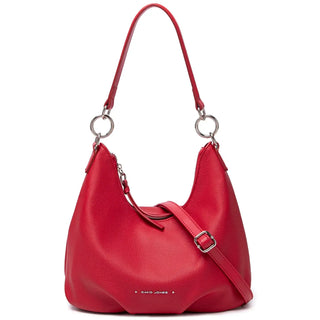 Luxury red crossbody bag for women, casual satchel with wide strap and zipper closure.