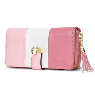 Womens Wallet RFID Blocking Genuine Leather in pink and white with zipper closure and decorative tassel.