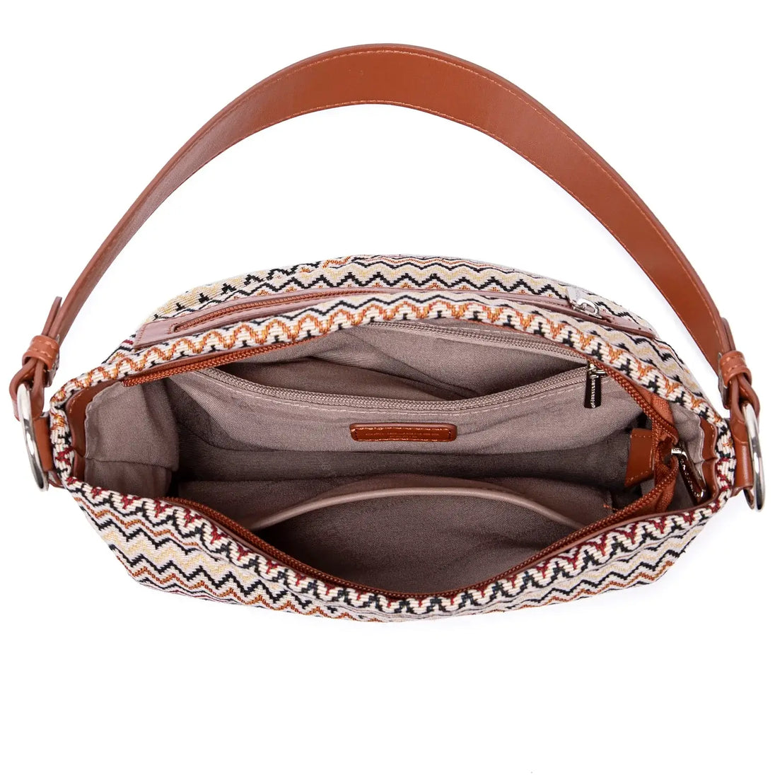 Women's shoulder bag featuring multicolor zigzag pattern, spacious interior with compartments and brown shoulder strap.