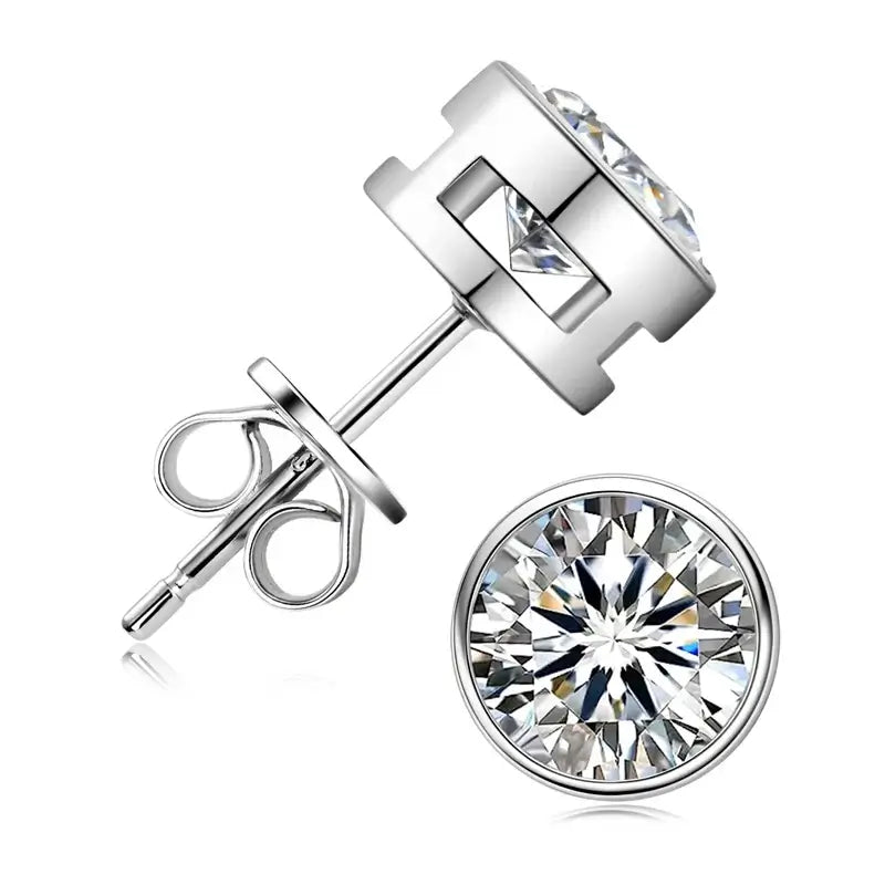 Round Moissanite Stud Earrings featuring a radiant round cut and push-back design.