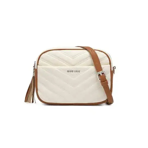 PU Crossbody Bag in cream with brown strap and quilted design, perfect for stylish outings.