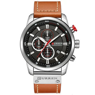 Luxury Chronograph Mens Watch with leather band and silver-tone case, featuring three sub-dials and sleek design.