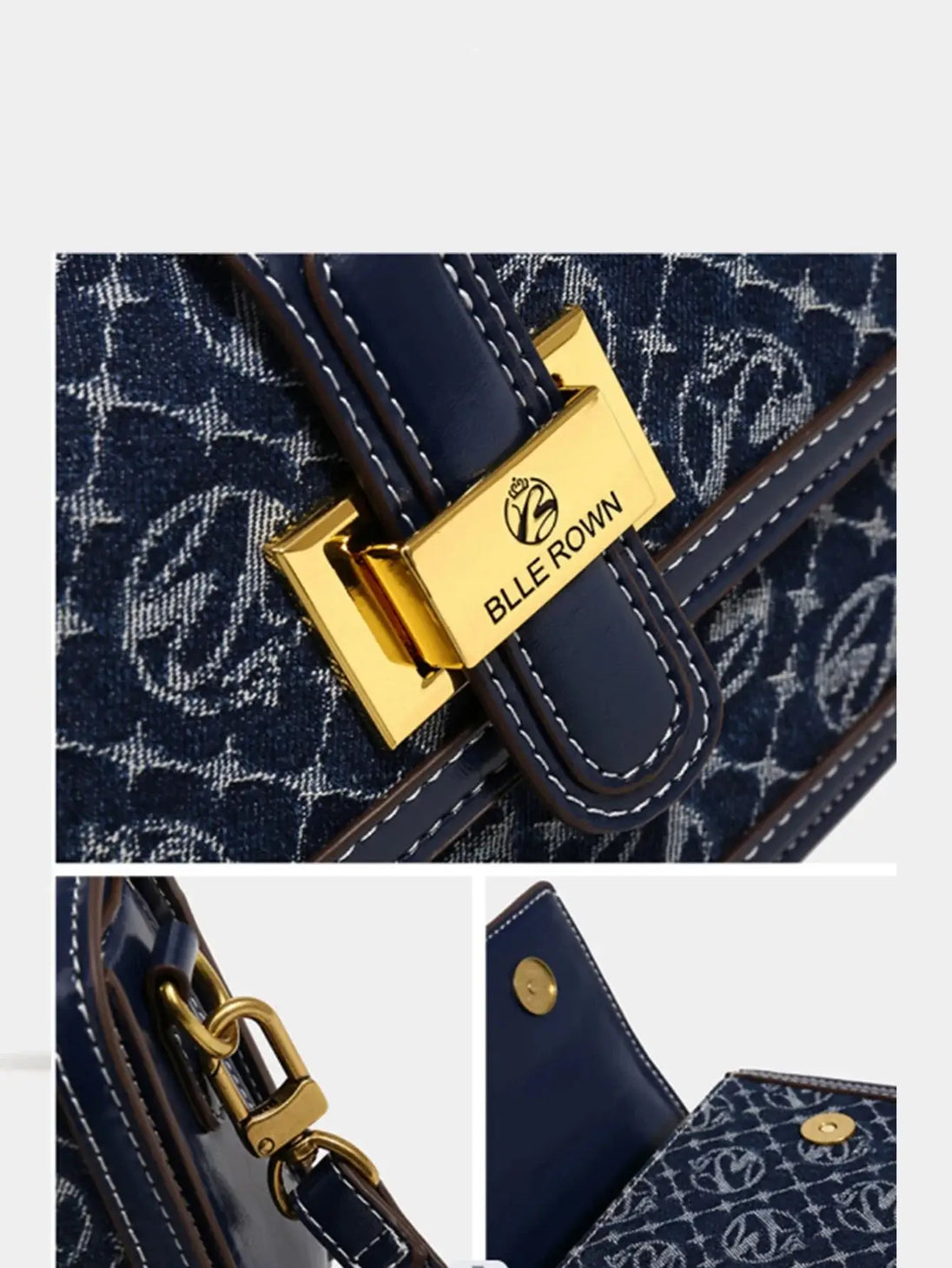 Shoulder Crossbody Bag Navy Blue with Gold Detail, featuring a stylish hasp closure and flap pocket for women.