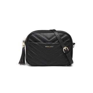 Stylish PU Crossbody Bag in black with a tassel and quilted design, perfect for daily use and versatile styling.