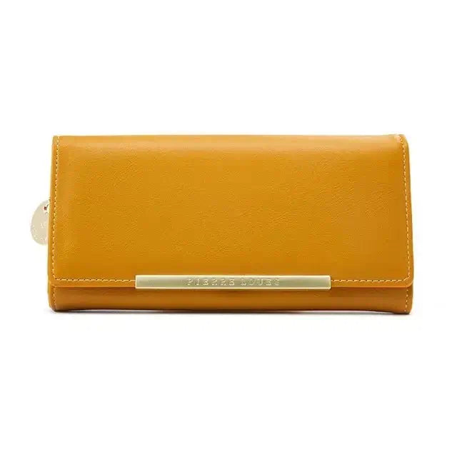Stylish yellow leather wallet for women with zipper closure and gold decoration, perfect for everyday use.