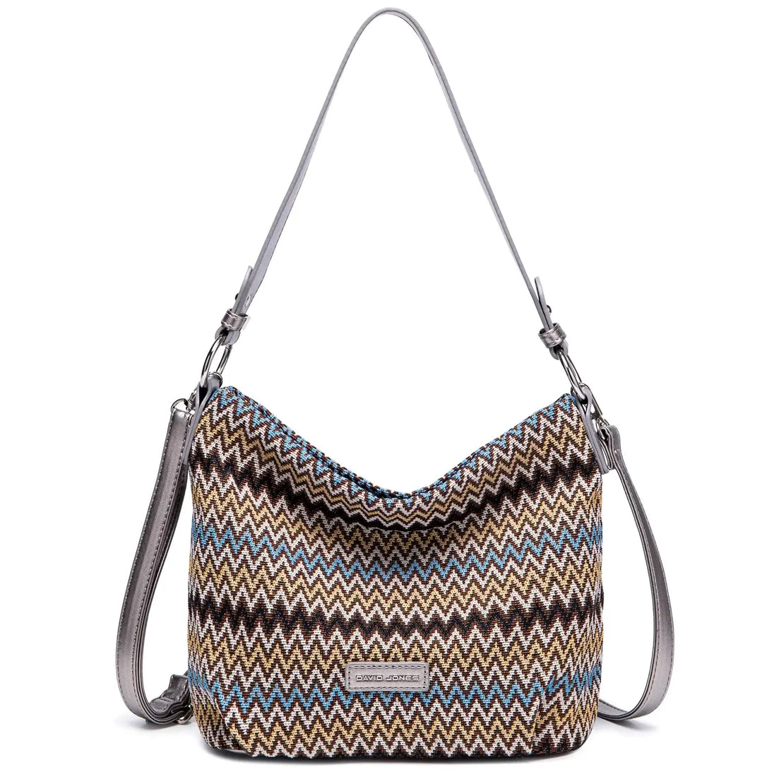 Women's shoulder bag multicolor zigzag pattern with gray strap, ideal for casual elegance and daily use.