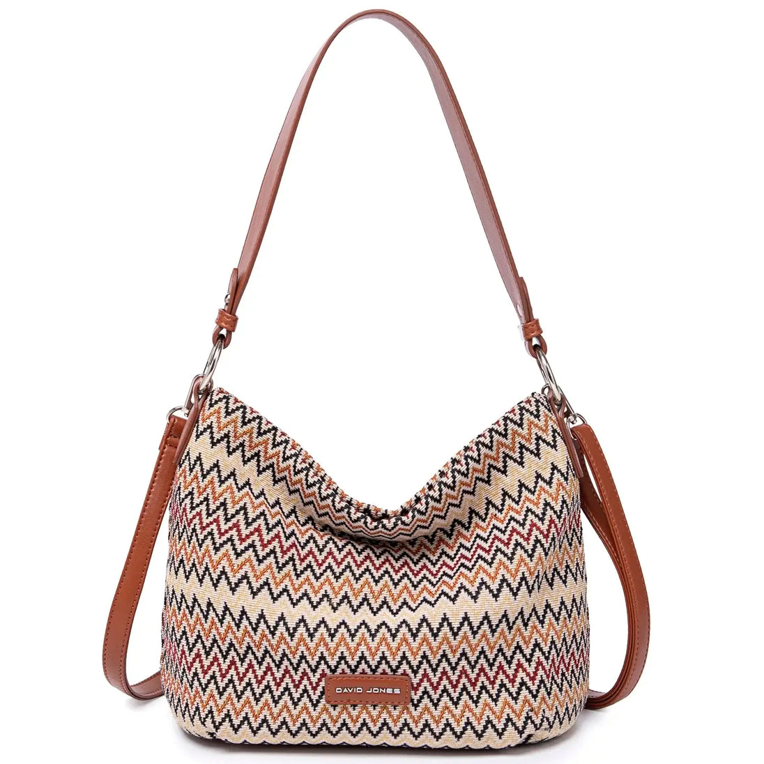 Multicolor zigzag pattern women's shoulder bag with brown strap, stylish and versatile for everyday use.