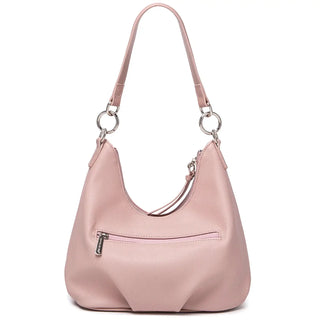 Luxury pink crossbody bag for women, soft PU material, casual style with wide strap and zipper closure.