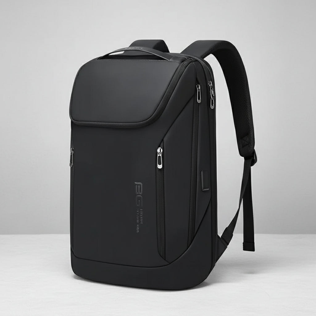 Bange Backpack USB Charging Waterproof softback design with zipper closure, air cushion belt and sleek black color.
