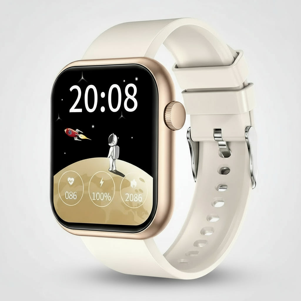 Smartwatches displaying time and health metrics with a space theme and a sleek white band.