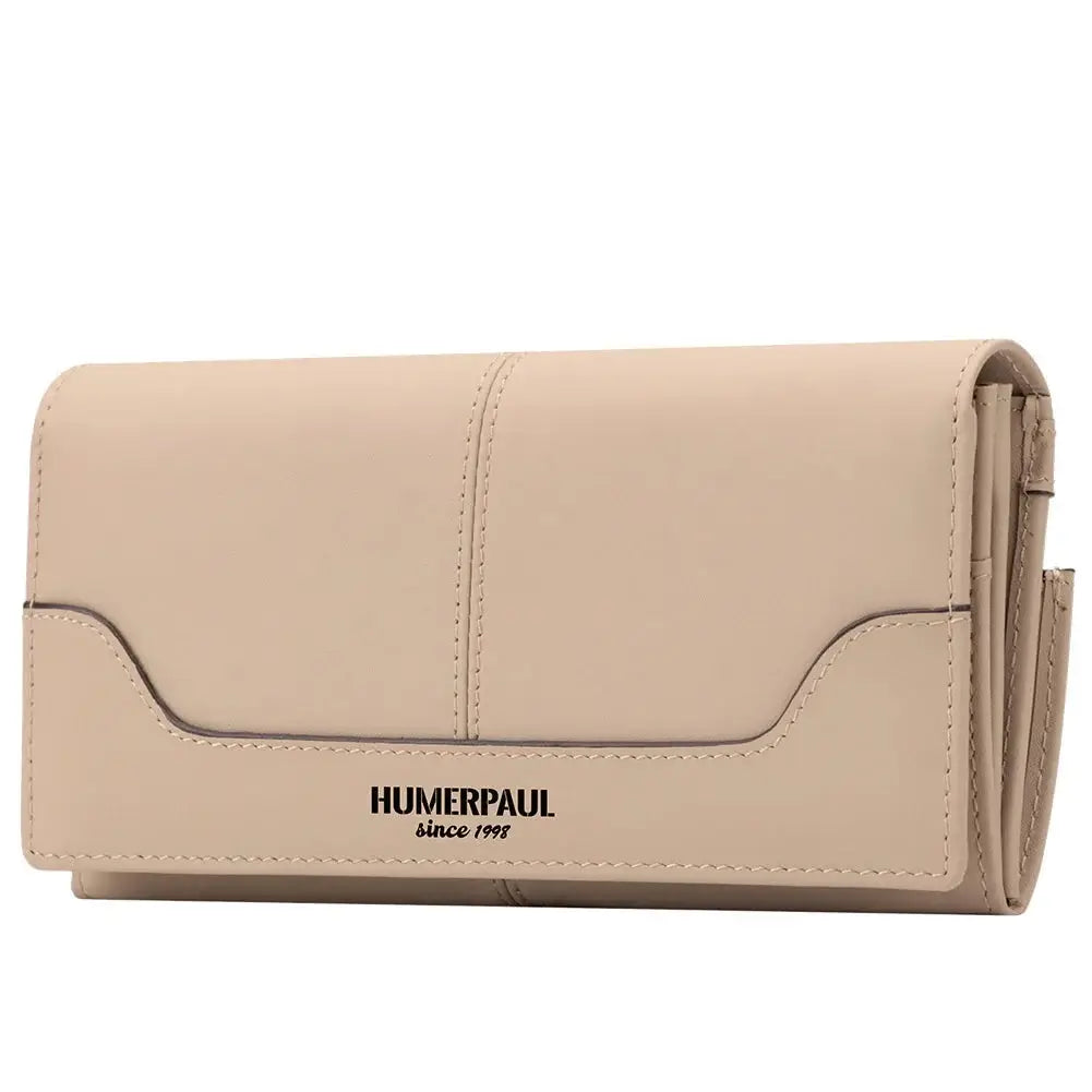 Genuine Leather Wallet in beige color with logo, featuring multiple pockets and card holders for organization.