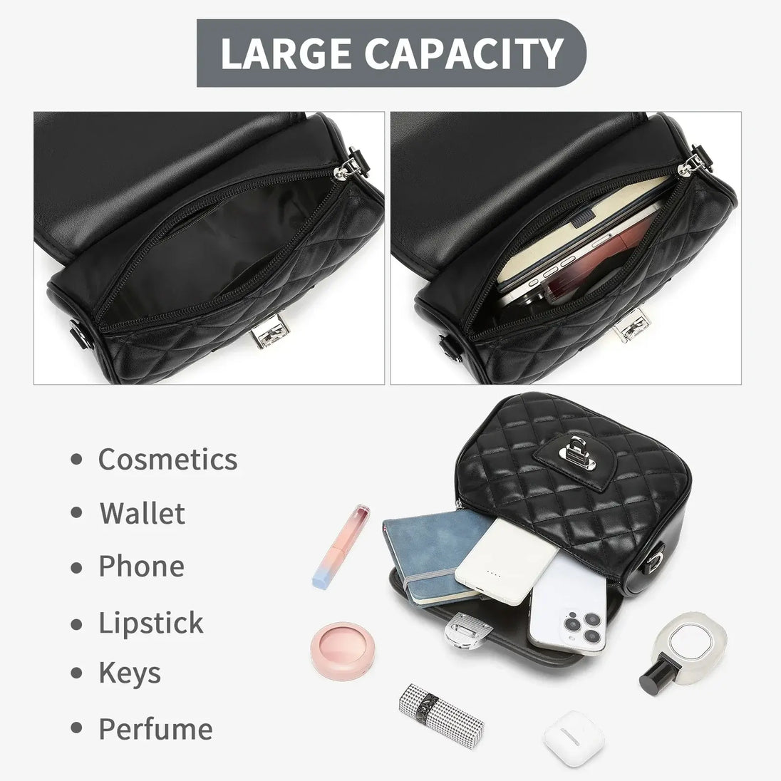 Crossbody Bags featuring large capacity, showing contents like phone, wallet, lipstick, and keys in stylish PU leather design.