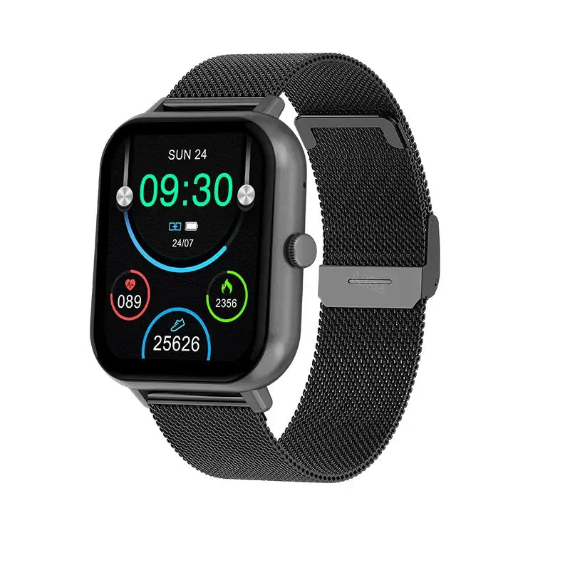 Smartwatches with Bluetooth featuring a sleek design and fitness tracking capabilities, displaying time and activity metrics.