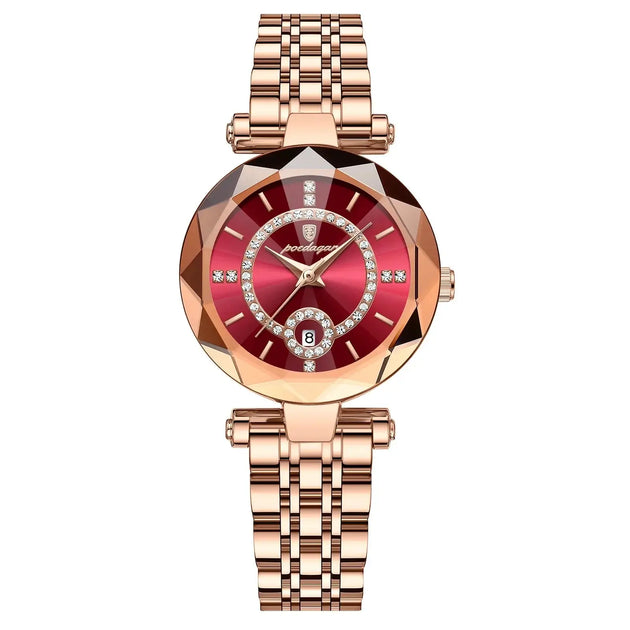 Wristwatch For Woman With Diamond featuring a rose gold band and a stunning red face adorned with diamonds.