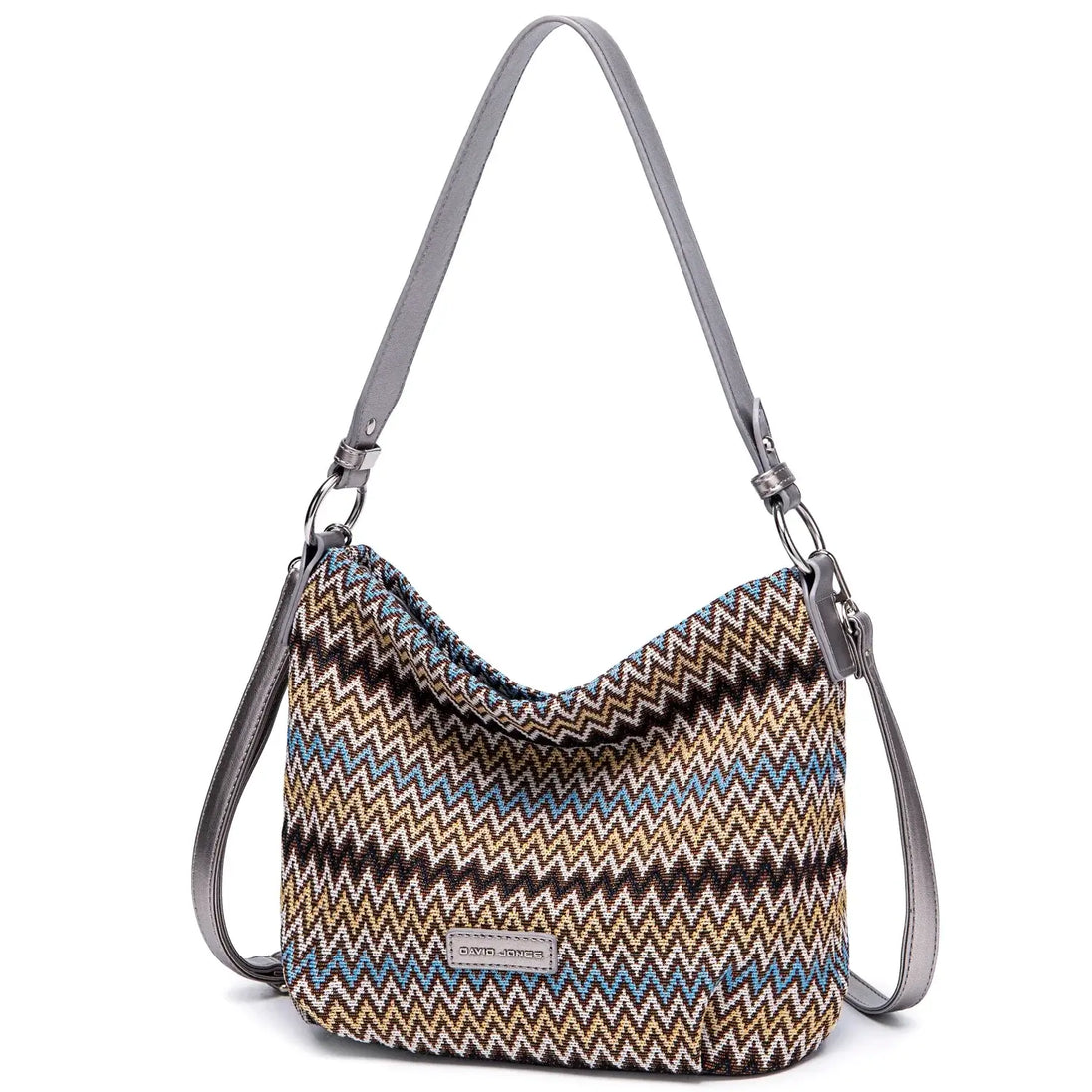 Women's shoulder bag in multicolor zigzag pattern with comfortable strap for versatile daily use.