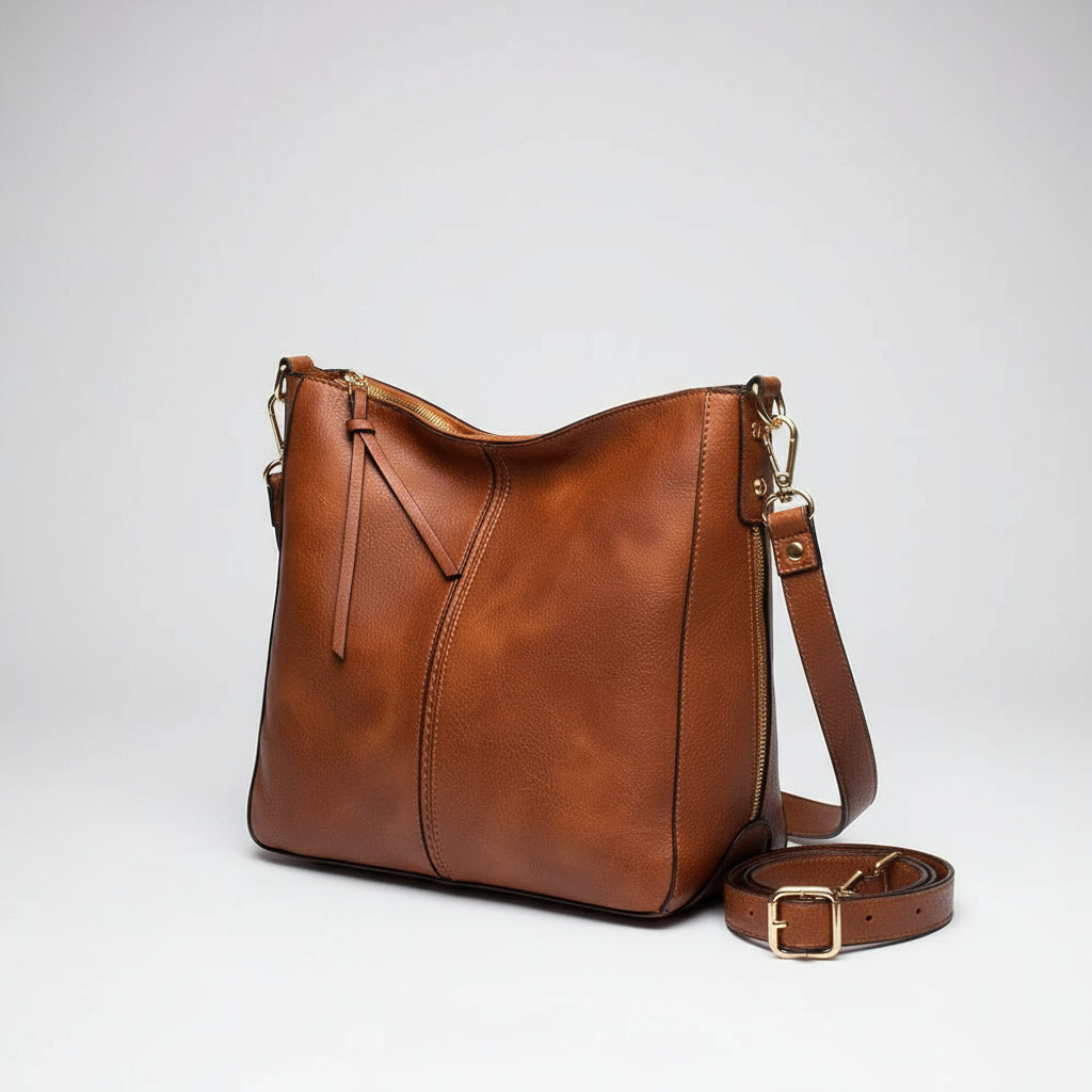 Hobo shoulder bag with a stylish brown PU leather finish and gold-tone hardware, showcasing a slouchy silhouette.