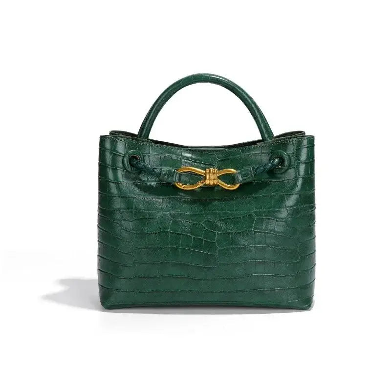 Women's Handbag stone pattern tote bag in green crocodile texture with gold hardware.