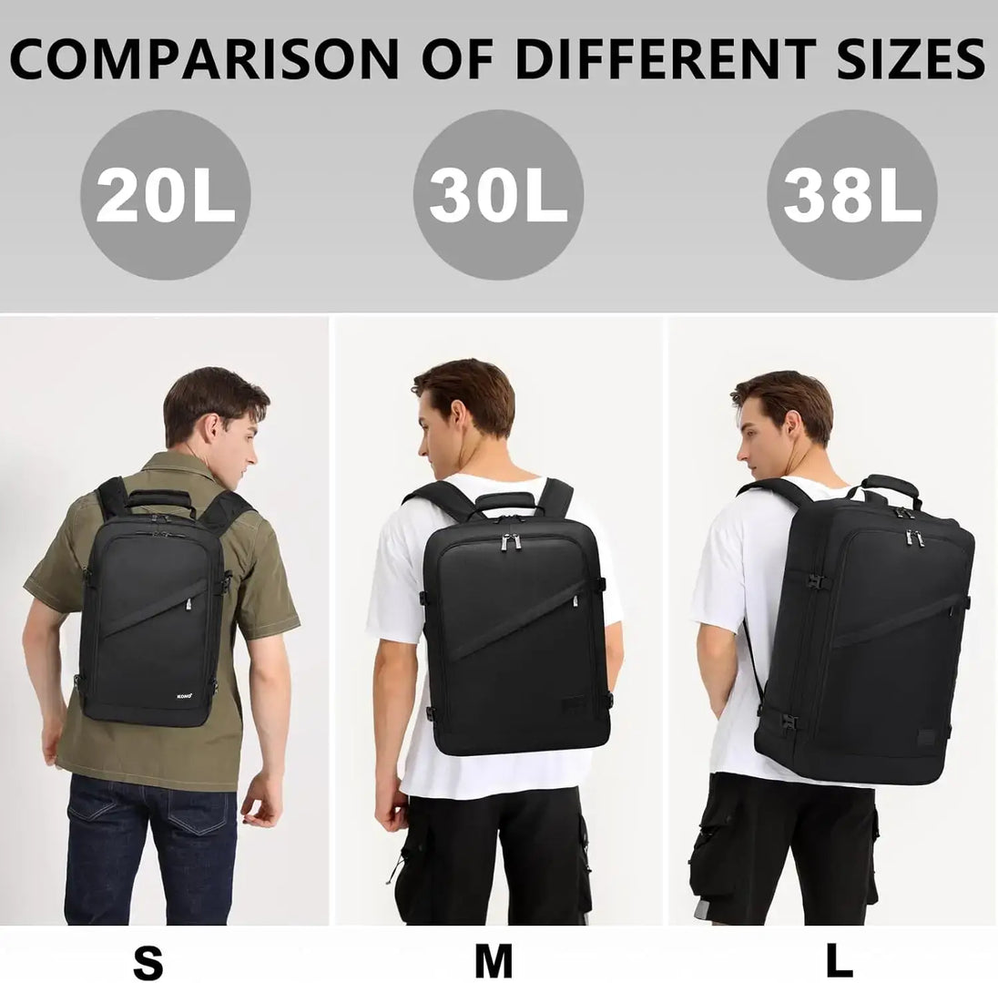 Comparison of different sizes of Backpack Waterproof options: 20L, 30L, and 38L for travel convenience.
