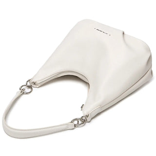 Luxury white crossbody bag for women, soft PU material, casual shoulder satchel with zipper closure and wide strap.