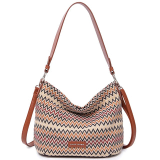 Women's shoulder bag with multicolor zigzag pattern, featuring brown leather strap and spacious design.