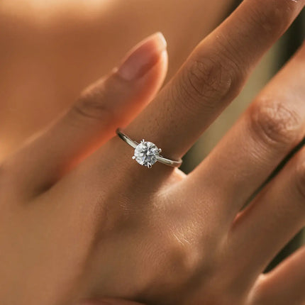 Round Moissanite Ring in 925 Sterling Silver displayed on a hand with a sparkling D-color VVS1 stone.