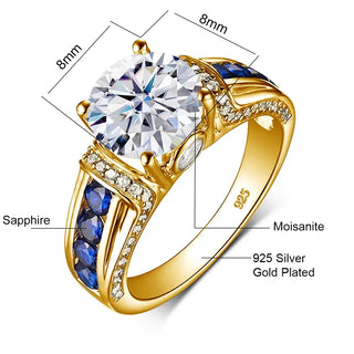 Ring Moissanite Diamond for Women with sapphires and gold plating, featuring an 8mm central stone.