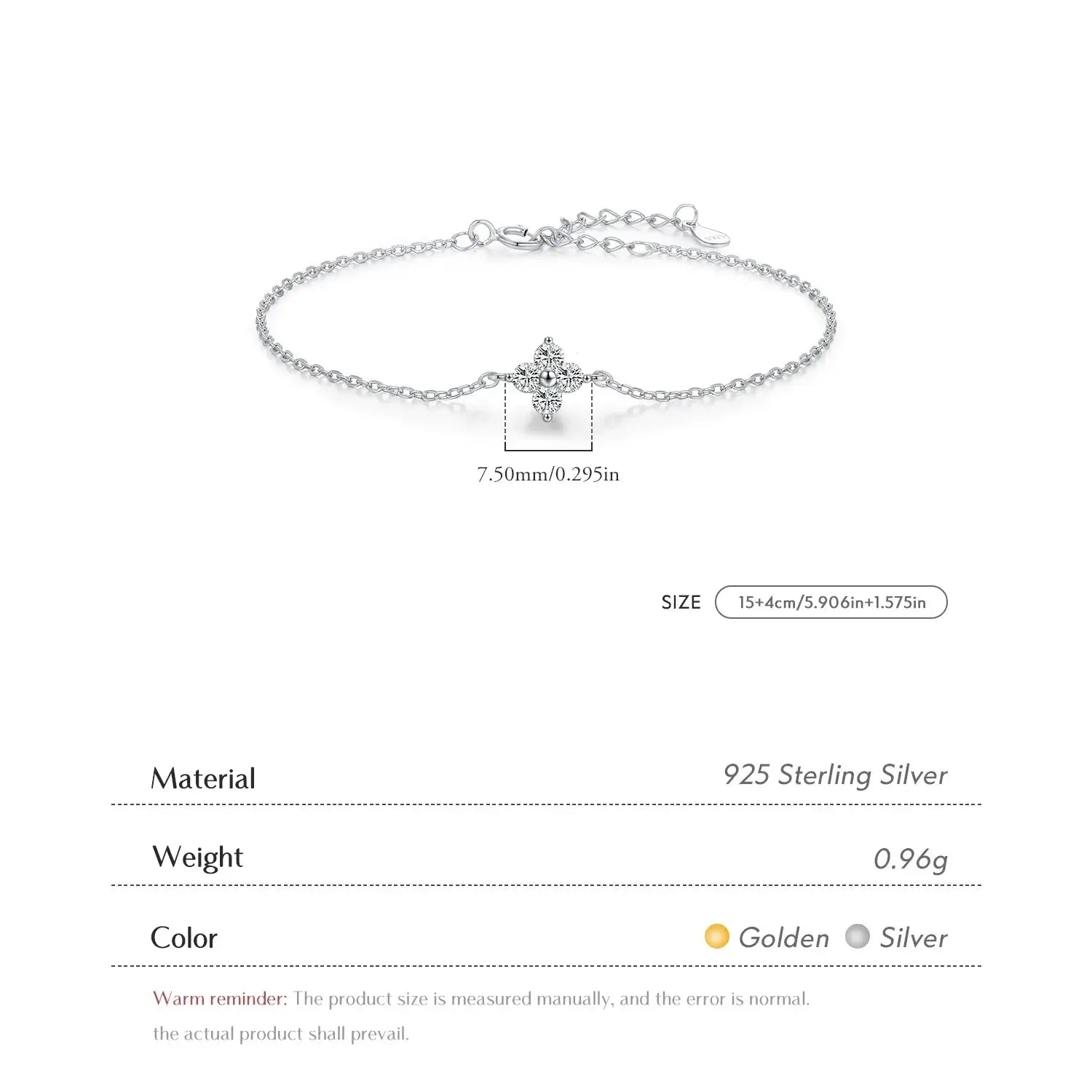 Bracelet 925 Sterling Silver elegant four leaf clover design with cubic zirconia, adjustable fit, and gift box