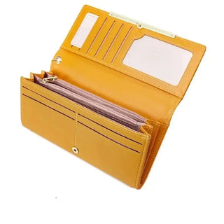 Stylish women's wallet in yellow leather with zipper closure and multiple interior slots for cards and cash.