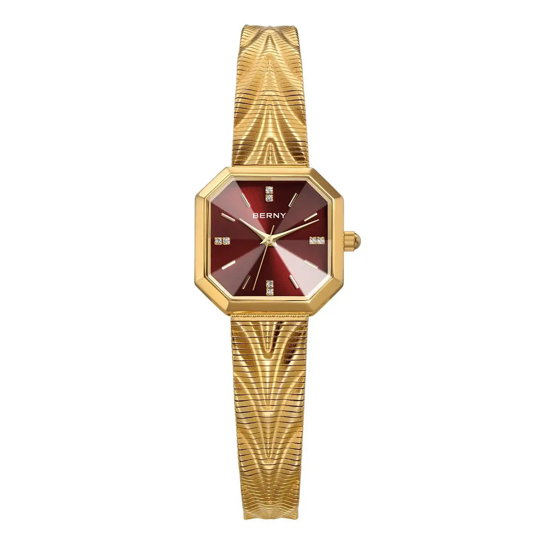 Wristwatches Stainless Steel - BERNY 2928L elegant octagonal watch with gold bracelet and red dial.