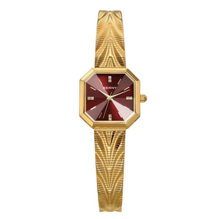 Wristwatches Stainless Steel - BERNY 2928L elegant octagonal watch with gold bracelet and red dial.