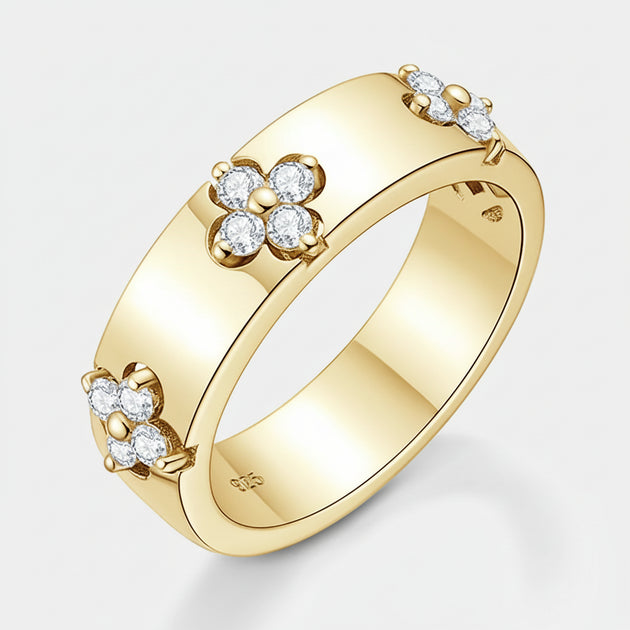 Moissanite Ring – 925 Sterling Silver Band for Women with flower design and sparkling stones in gold finish.