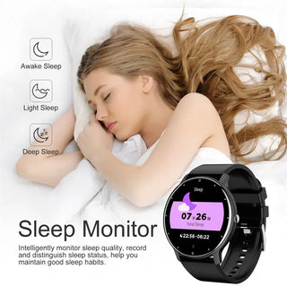 Smart Watch Full Touch Screen showcasing sleep monitor features with a woman sleeping peacefully.