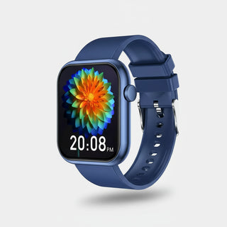 Smartwatches in blue color with vibrant flower display and digital time, showcasing Bluetooth call and message notifications.