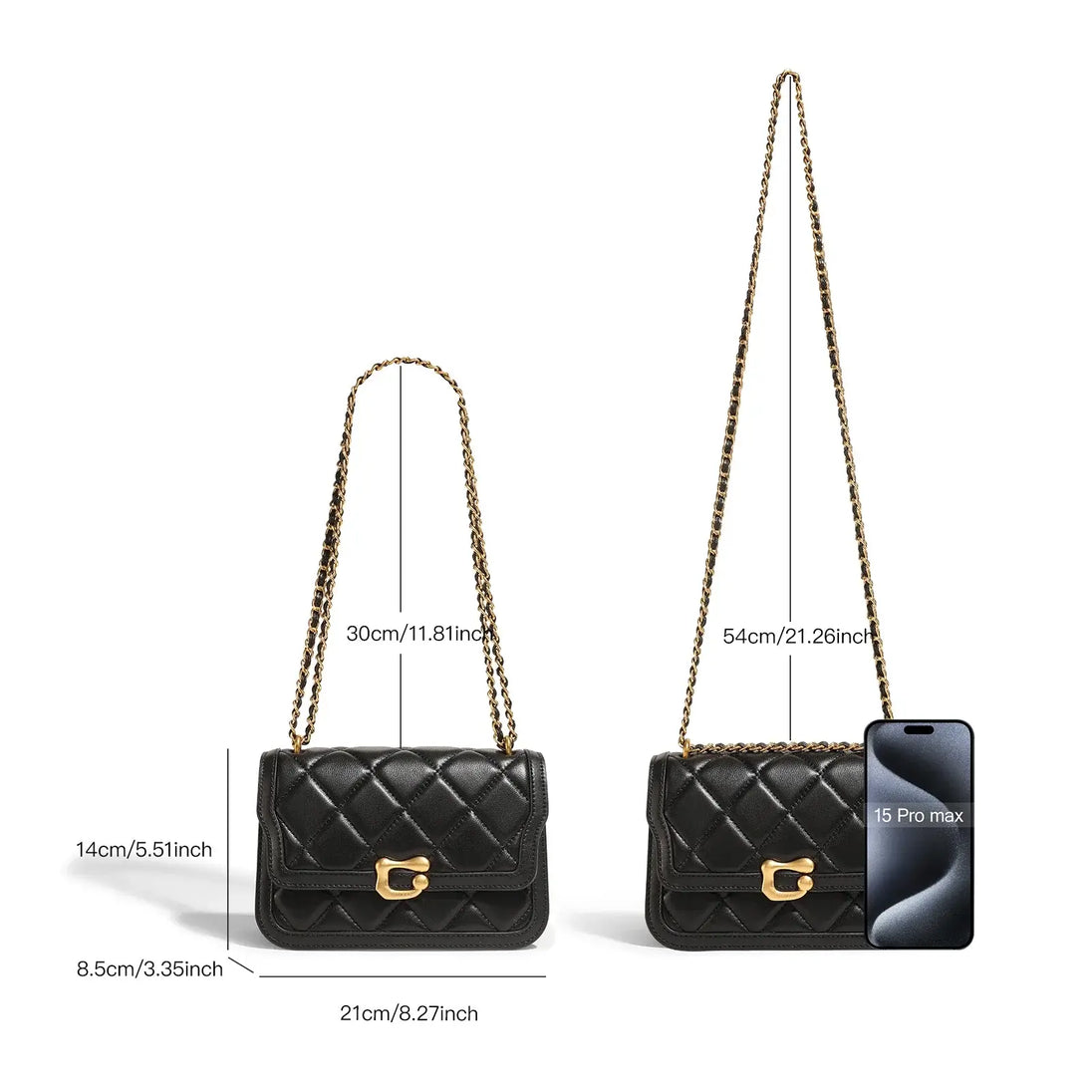 Women Genuine Leather Chain Bag dimensions showing a chic black quilted design and chain strap.