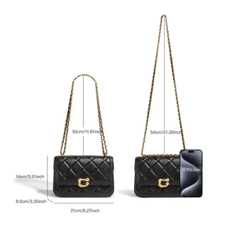 Women Genuine Leather Chain Bag dimensions showing a chic black quilted design and chain strap.
