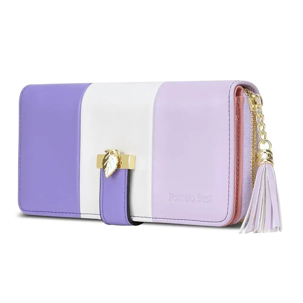 Womens Wallet RFID Blocking Genuine Leather Multi Credit Card in purple and white with zipper closure and decorative tassel.