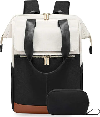 Stylish Women's Backpack in black and cream with zipper closure and soft handles, includes a matching pouch.
