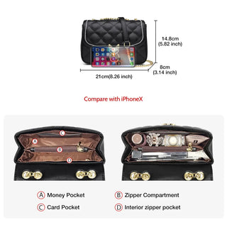 Leather Crossbody Bag dimensions and interior compartments compared with iPhoneX for size reference.