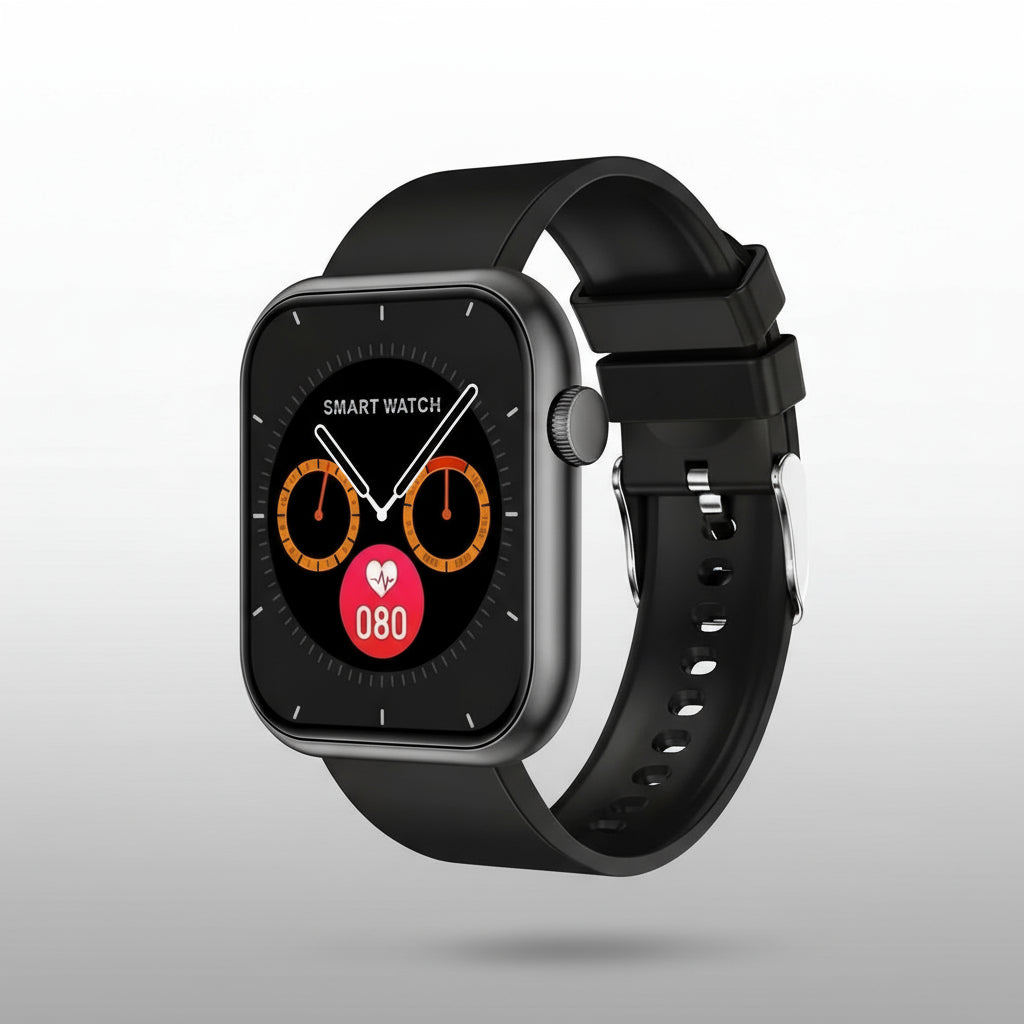 Smartwatches displaying health metrics with a black strap and modern design.