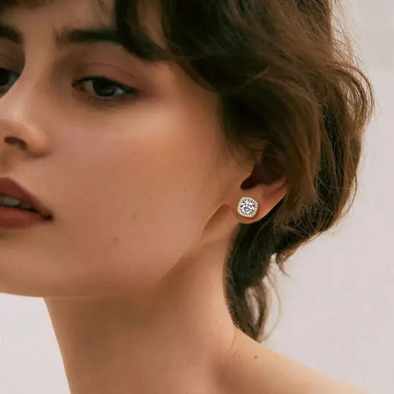 Moissanite Square Halo Earring worn by a woman, showcasing elegant design and push-back fastening.