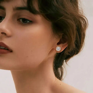 Moissanite Square Halo Earring worn by a woman, showcasing elegant design and push-back fastening.