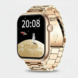 Smartwatches with Bluetooth call message notifications featuring a stylish gold band and colorful display.