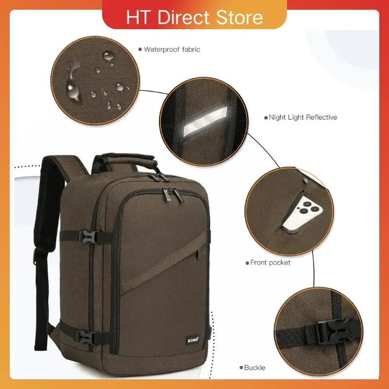 Backpack Waterproof with waterproof fabric, night light reflective design, front pocket, and buckle features.